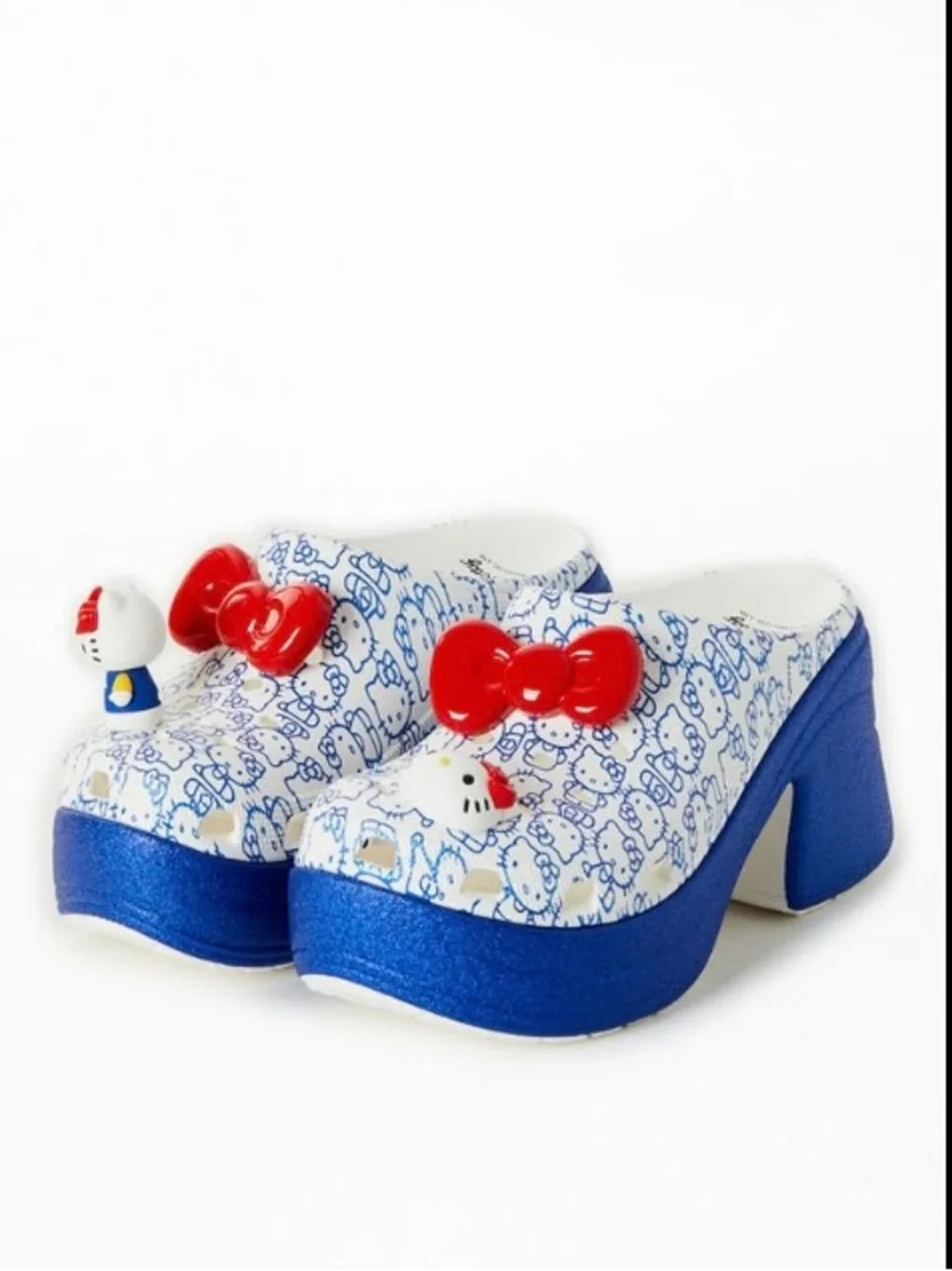 CROCS White & Blue Hello Kitty Platform Clogs with Red Bow Charm